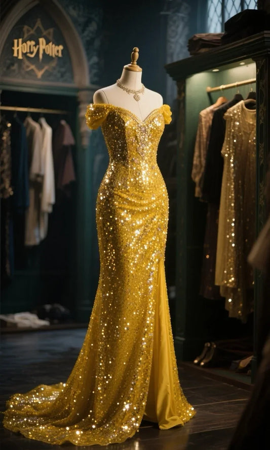 Sexy Yellow Mermaid Off The Shoulder Sequin Slit Long Prom Dress, Evening Dress fg8490