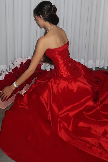 Chic Ball Gown Burgundy Strapless Satin Slit Long Prom Dress, Evening Gown C6218
