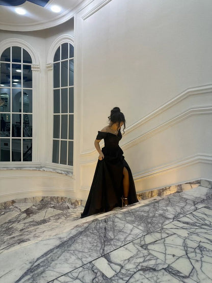 Simple Formal A Line Black Off The Shoulder Satin Slit Long Prom Dress, Evening Gown C6220