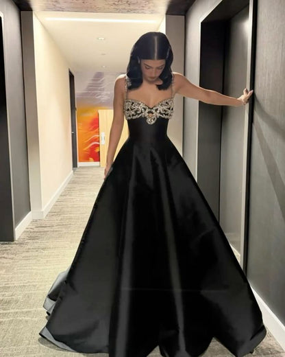 Chic A Line Black Spaghetti Straps Satin Beaded Long Prom Dress, Evening Gown C6221