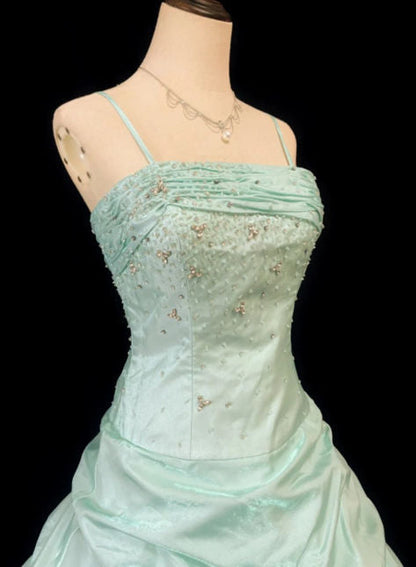 Pretty Mint Green Ball Gown Spaghetti Straps Satin Beaded Without Sleeves Long Prom Dress, Evening Dress C6462