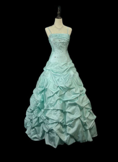 Pretty Mint Green Ball Gown Spaghetti Straps Satin Beaded Without Sleeves Long Prom Dress, Evening Dress C6462