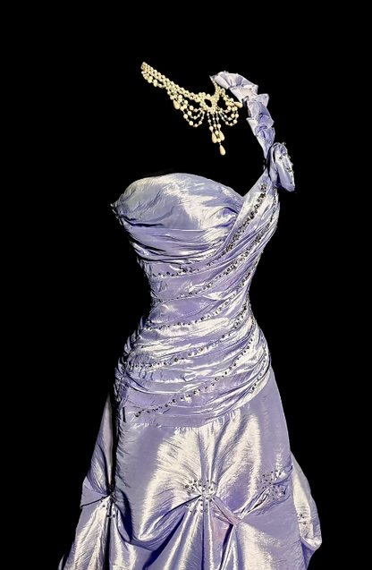 Lilac Ball Gown One Shoulder Satin Beaded Without Sleeves Long Prom Dress, Evening Dress C6642