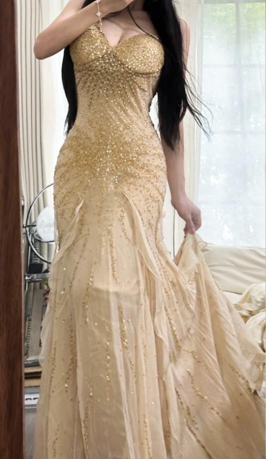 Pretty Spaghetti Straps Chiffon Beaded Ruffles Long Party Dress Yellow Mermaid Evening Dress D2308