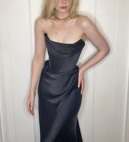Elegant Strapless Black Satin Beaded Mermaid Long Party Dress Formal Wedding Guest Dress D901