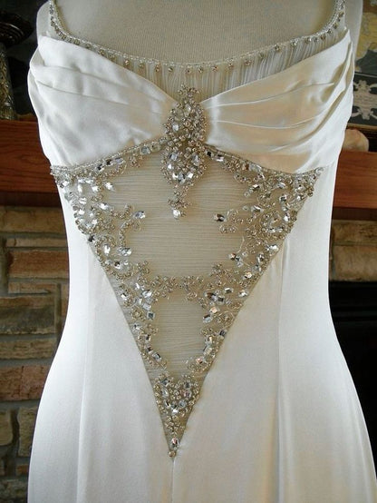 Vintage White Mermaid Beaded Straps Wedding Dress Long Prom Evening Gown cc1558