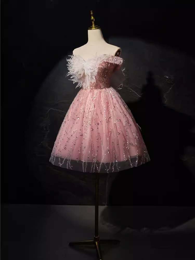 Modest Ball Gown Off The Shoulder Pink Tulle Birthday Outfits Homecoming Dress C943