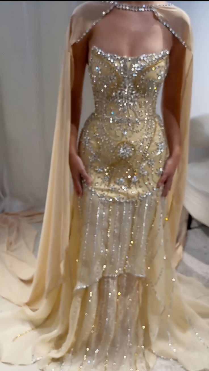 Glitter Yellow Chiffon Sequin Beaded Mermaid Evening Dress Long Birthday Prom Gown