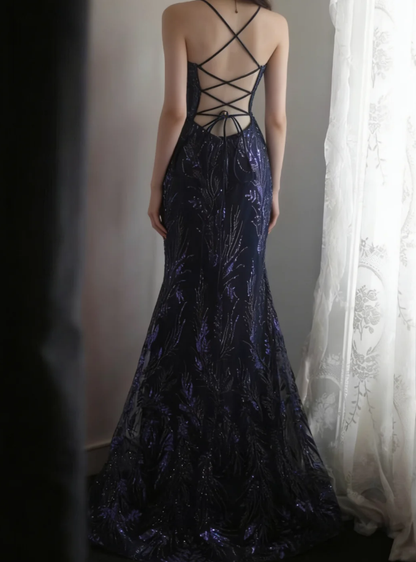 Luxurious Spaghetti Straps Tulle Sequin Mermaid Long Party Dress Navy Blue Evening Dress D2208