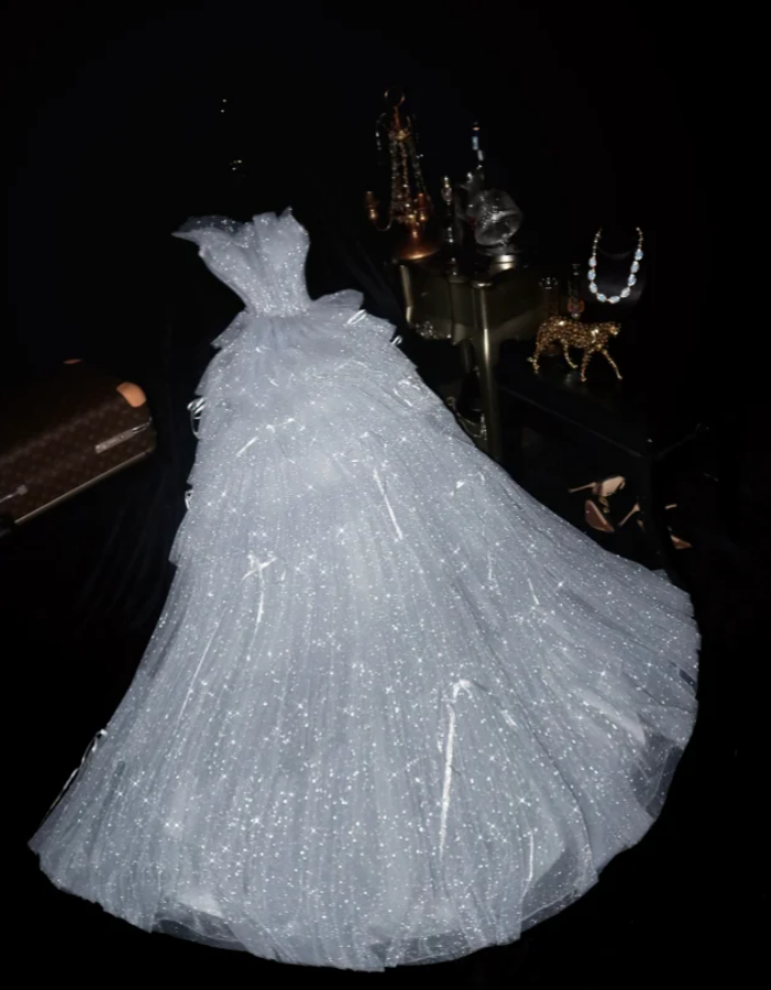 Glitter Strapless Silver Sequin Tulle Layered Mermaid Long Birthday Party Dress Prom Dresses SP1413