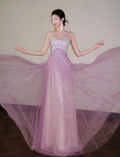 Glitter Strapless Pink Tulle Sequin A Line Long Party Dress Evening Gown