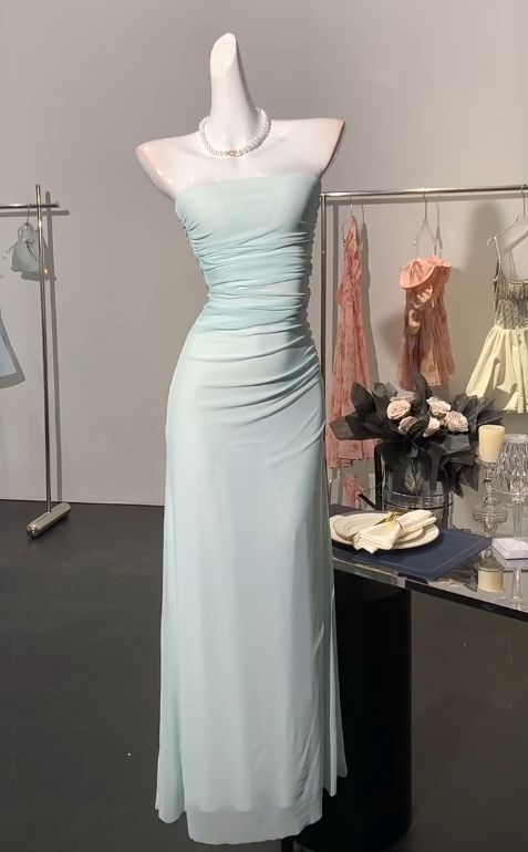 Classy Light Blue Strapless Chiffon Sheath Long Wedding Guest Dress Formal Evening Dress Birthday Prom Gown