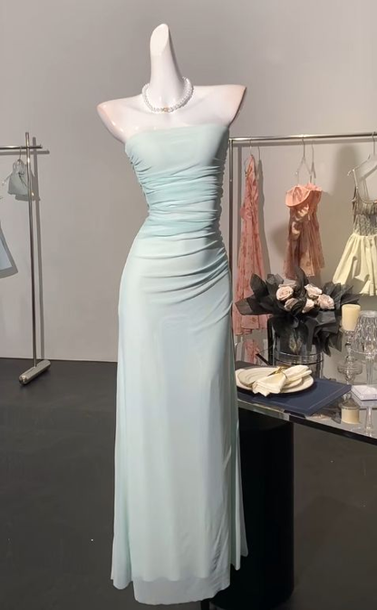 Classy Light Blue Strapless Chiffon Sheath Long Wedding Guest Dress Formal Evening Dress Birthday Prom Gown