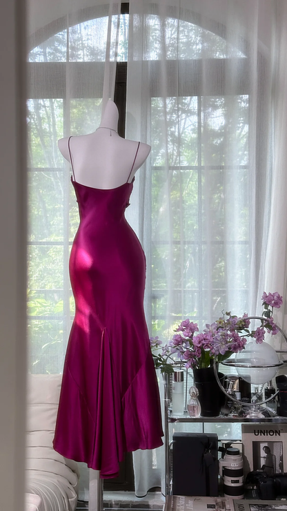 Vintage Spaghetti Straps Satin Pleated Hot Pink Long Party Dress Prom Gown