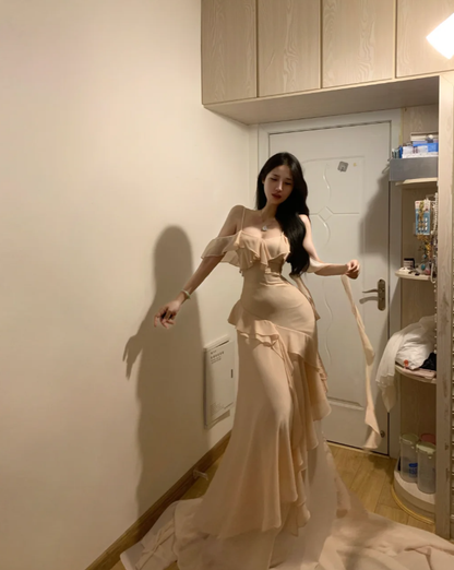 Classy Spaghetti Straps Apricot Chiffon Ruffles Mermaid Evening Dress Long Prom Gown