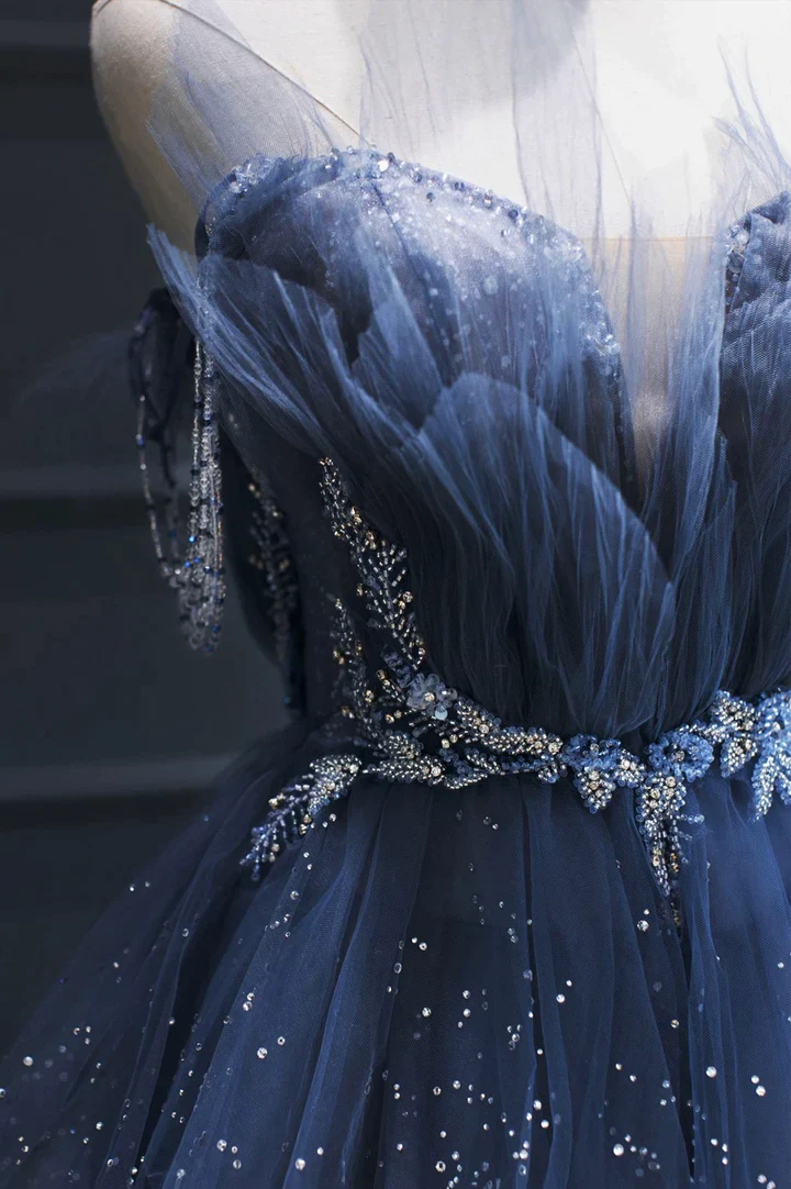 Blue Tulle Beaded Long A-line Prom Dress Y1547