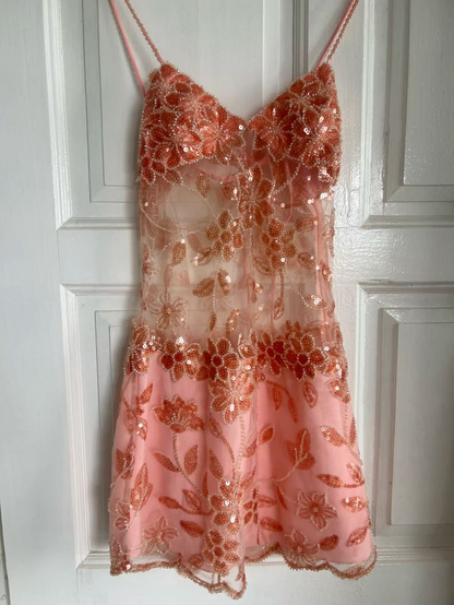Pretty Spaghetti Straps Pink Sequin Grade Homecoming Dress Short Birthday Outfits Cocktail Dress S348