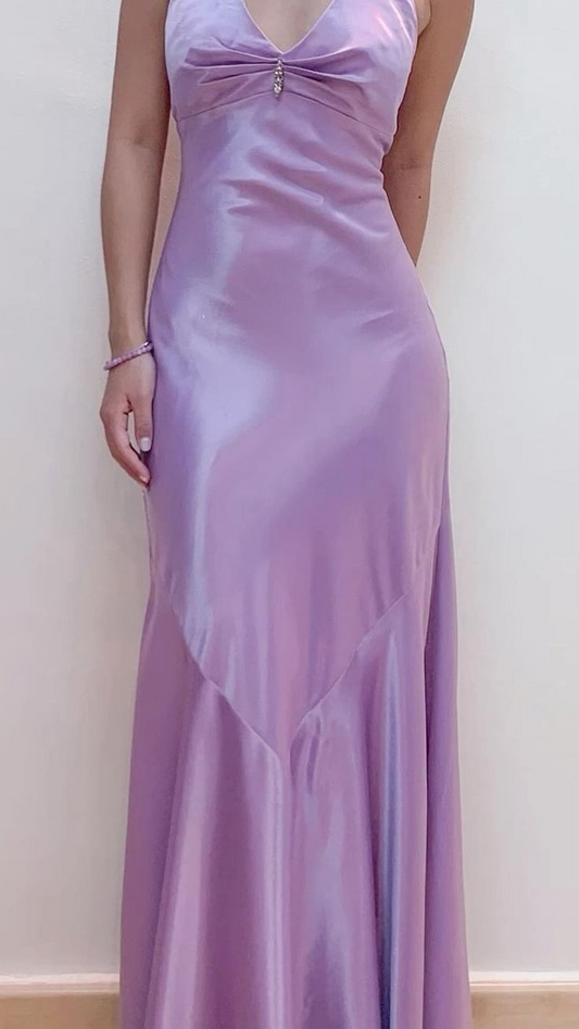 Elegant V NecK Purple Satin Mermaid Long Wedding Guest Dress Party Dress D1469