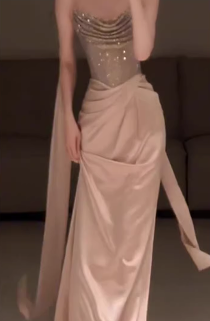 Elegant Strapless Sequin Satin Pleated Mermaid Long Party Dress Birthday Prom Dresses D2219