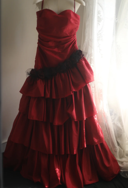 Vintage Red Strapless Satin Layered Mermaid Evening Dress Long Party Dress D2311