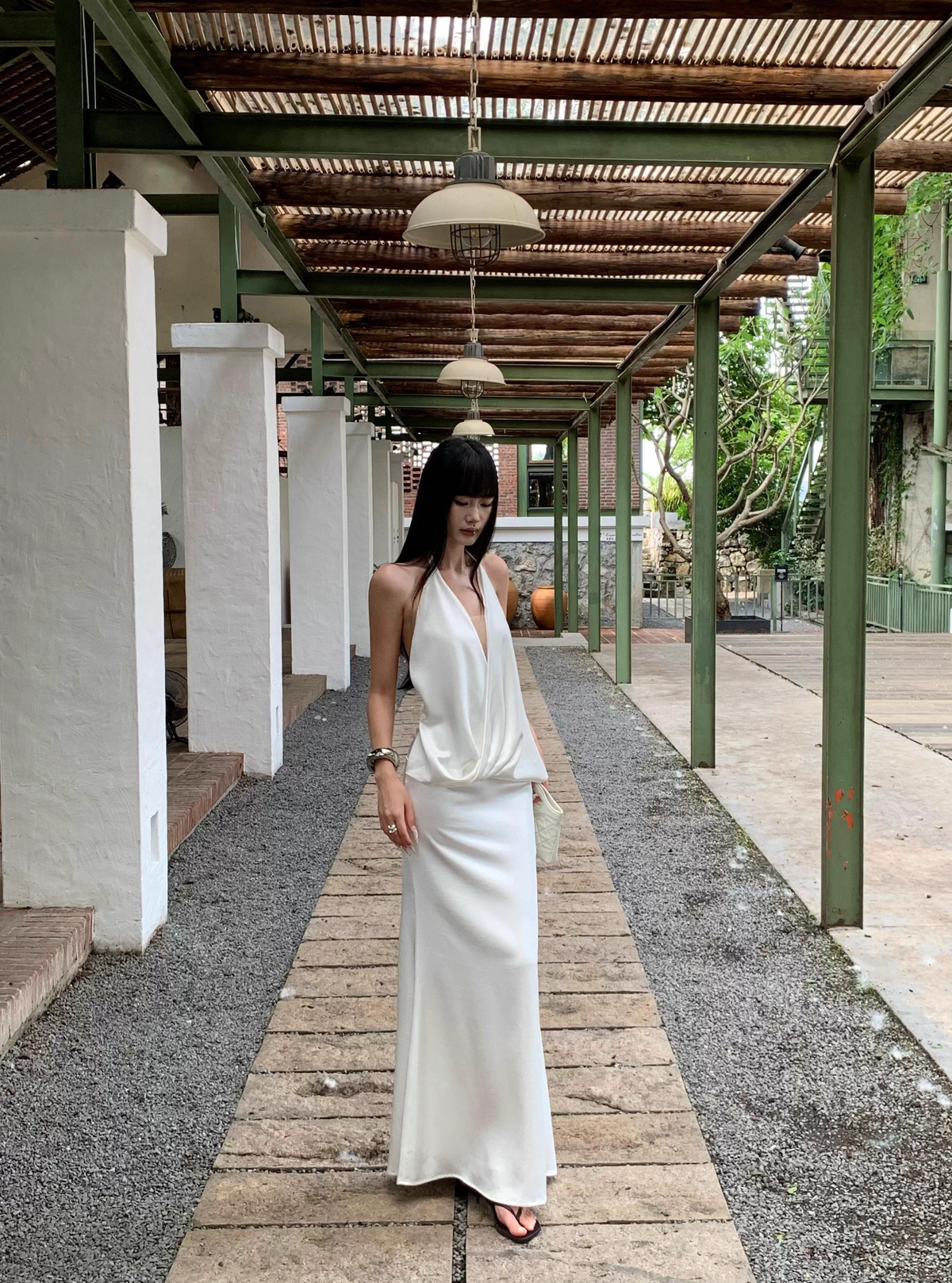 Sexy Halter V Neck White A Line Long Party Dress Formal Backless Evening Gown