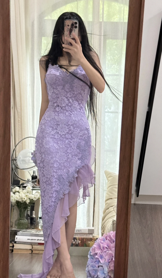 Pretty Spaghetti Straps Lavender V Neck Lace Chiffon Ruffles Long Party Dress Birthday Dress D2305
