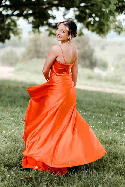 Cowl Neck Green Satin A-Line Formal Dress with Slit,Modest Prom Dress Y1884