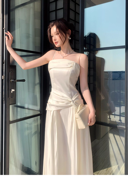 Pretty Spaghetti Straps Light Apricot Satin A Line Long Wedding Guest Dress Formal Birthday Party Dress Prom Gown SP1501