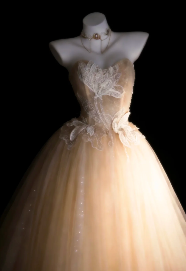 Classy Light Champagne Tulle Sequin Appliques Long Birthday Prom Dress Evening Gown SP1842