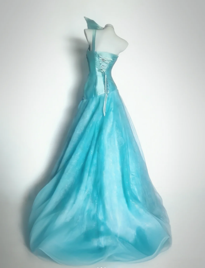 Gorgeous One Shoulder Blue Satin Tulle Beaded Mermaid Long Party Dress Prom Gown SP1594