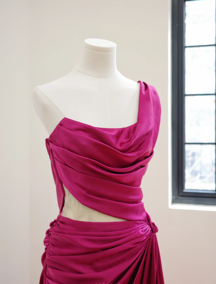 Charming One Shoulder Satin Pleated Mermaid Long Party Dress Hot Pink Wedding Guest Dress D2174