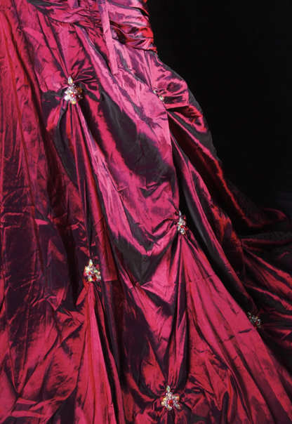 Retro Burgundy Strapless Satin Pleated Mermaid Long Party Dress Birthday Dress With Beads D2234