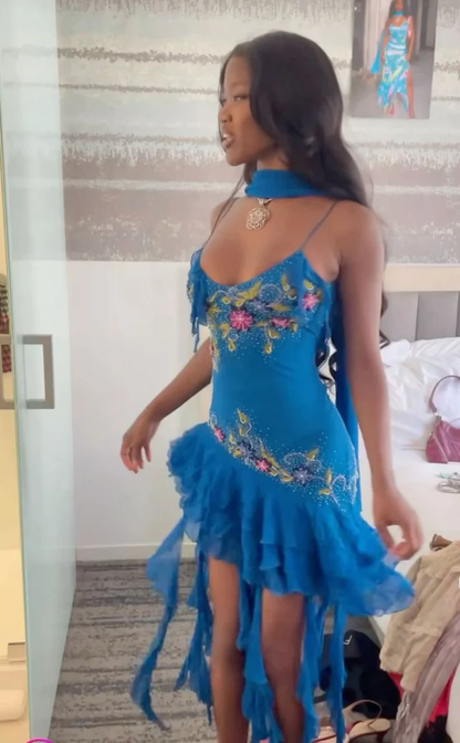 Classy Blue Spaghetti Straps Chiffon Beaded Short Homecoming Dress Cocktail Dress Y9573
