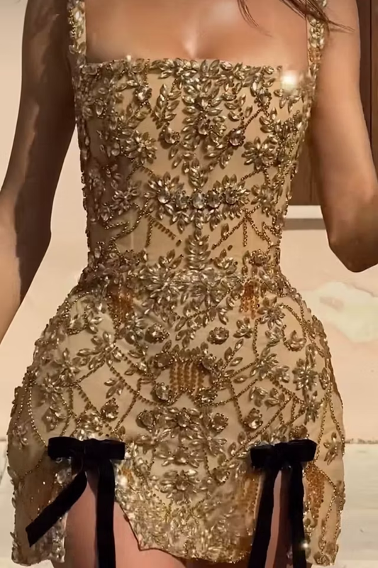 Gorgeous Gold Square Neck Sheath Slit Cocktail Dress Formal Graduation Homecoming Dress D253