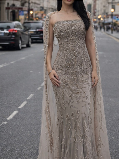 Gorgeous Strapless Gray Tulle Beaded Mermaid Long Party Dress Prom Gown SP1348