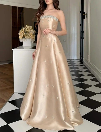 Fashion Strapless Champagne Satin Beaded Long Party Dress Evening Gown