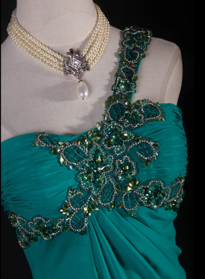 Unique One Shoulder Green Beaded Chiffon Mermaid Long Party Dress Formal Wedding Guest Dress D2242