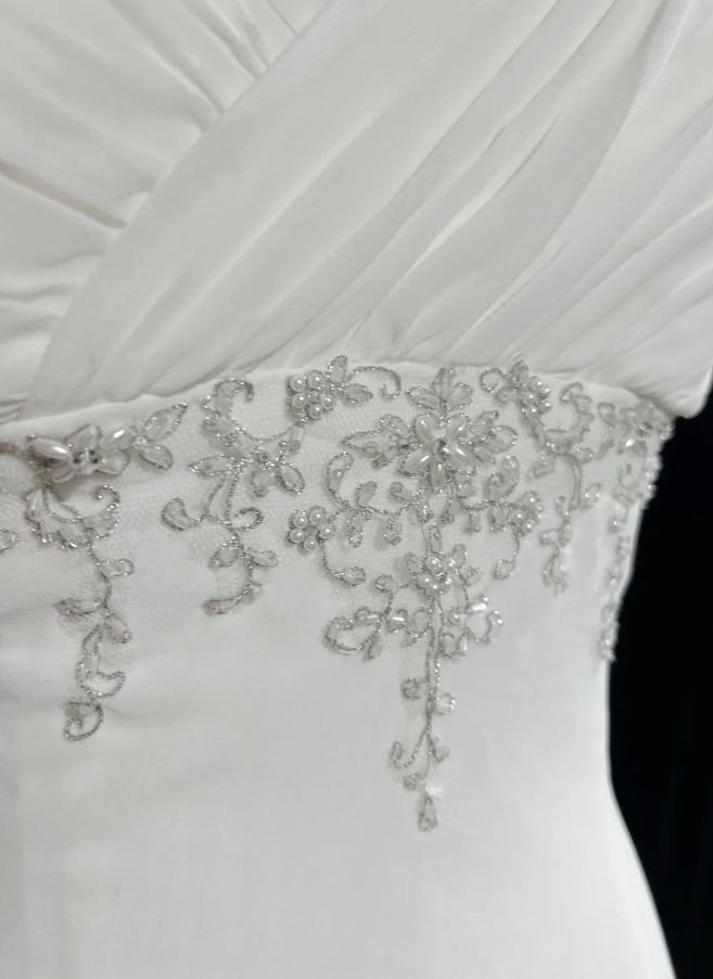 Classy Spaghetti Strap White Tulle Satin Beaded Mermaid Evening Dress Long Wedding Guest Dress D1850