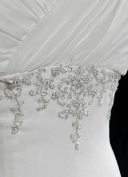 Classy Spaghetti Strap White Tulle Satin Beaded Mermaid Evening Dress Long Wedding Guest Dress D1850