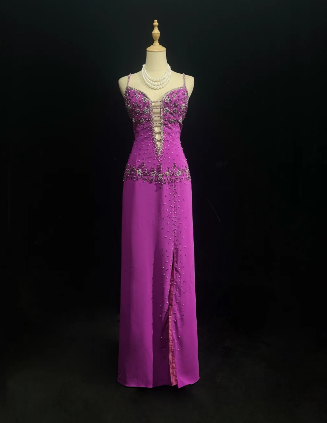 Classy Spaghetti Straps Purple Chiffon Beaded Long Wedding Guest Dress Formal Birthday Prom Dress Party Gown
