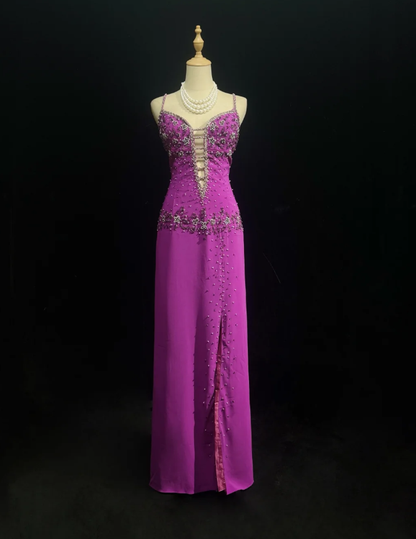 Classy Spaghetti Straps Purple Chiffon Beaded Long Wedding Guest Dress Formal Birthday Prom Dress Party Gown