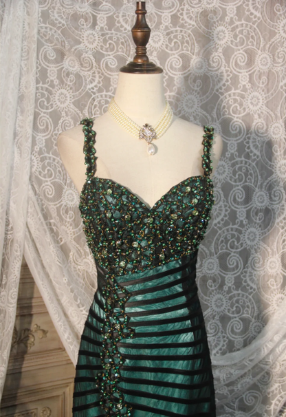 Vintage Spaghetti Straps Satin Tulle Beaded Mermaid Evening Dress Dark Green Long Party Gown