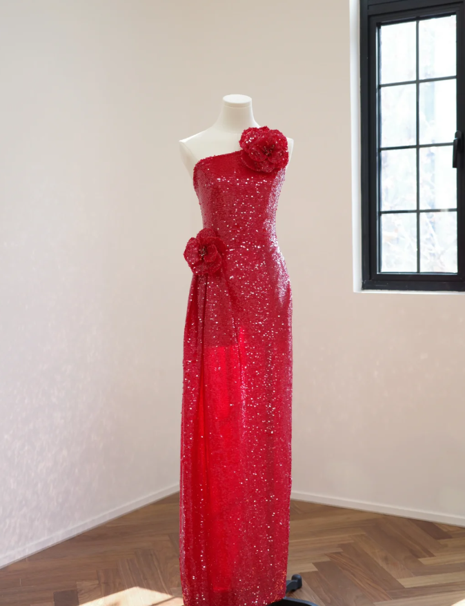Sparkly Red One Shoulder Sequin Long Evening Dress Party Dress With 3D Flowers D2168