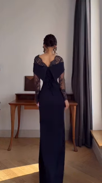 Fashion Off The Shoulder Navy Blue Satin Lace Mermaid Long Wedding Guest Dress Party Dress D1605