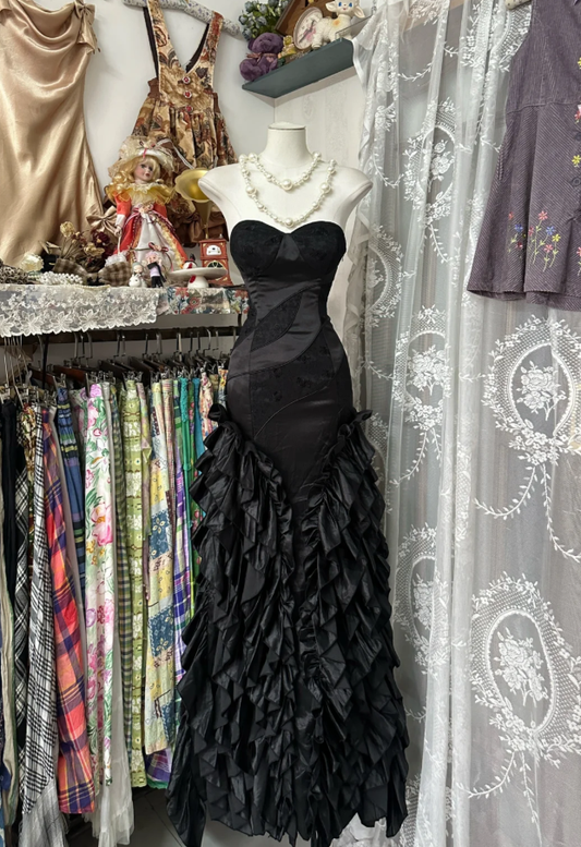 Retro Sweetheart Neck Black Satin Ruffles Mermaid Long Party Dress Birthday Prom Gown