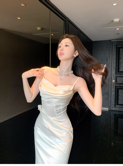 Classy Spaghetti Straps Satin Mermaid Long Wedding Guest Dress Light Apricot Party Dress SP1498
