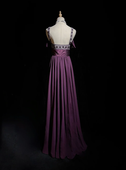 Stylish Spaghetti Straps Satin Beaded A Line Long Wedding Guest Dress Purple Long Evening Dress Party Gown