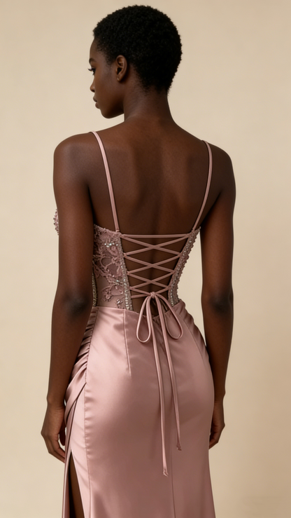 Charming Prom Dress Pink Spaghetti Straps Beaded Satin Long Evening Party Dress Birthday Outfits, D1018