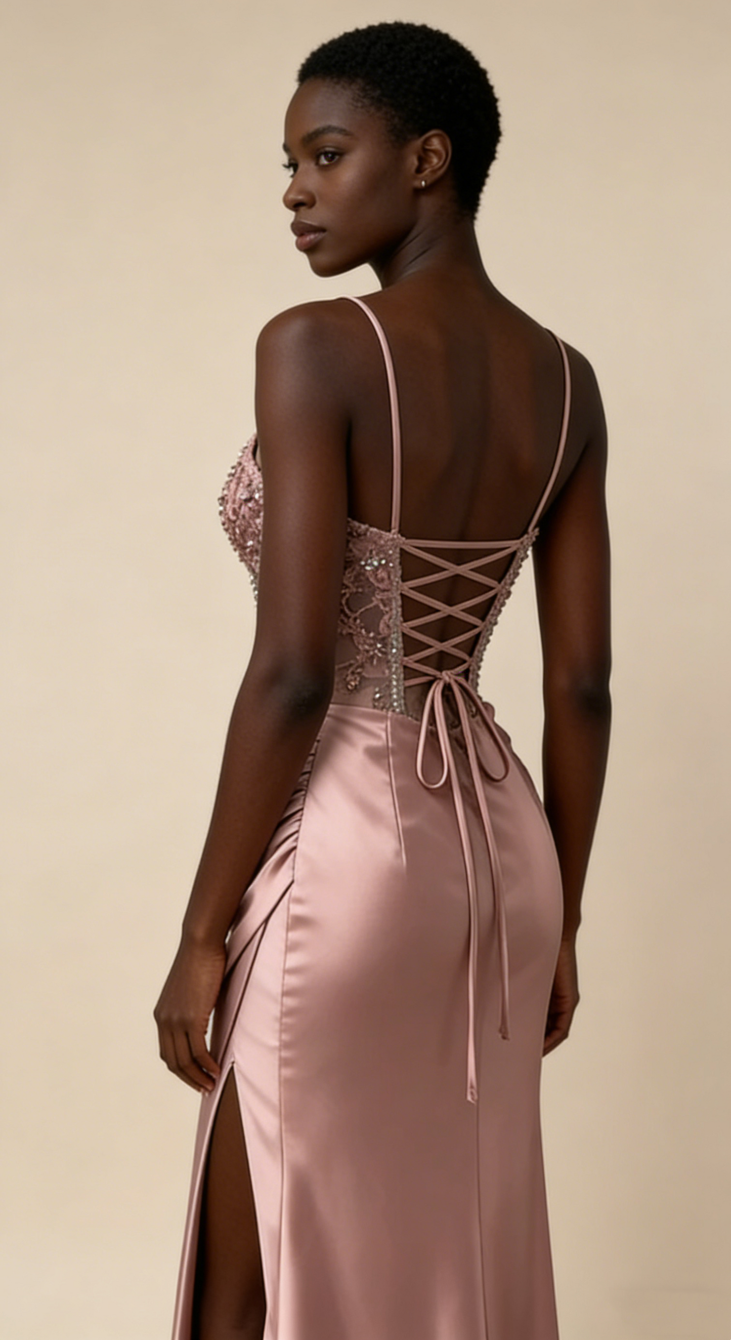 Charming Prom Dress Pink Spaghetti Straps Beaded Satin Long Evening Party Dress Birthday Outfits, D1018