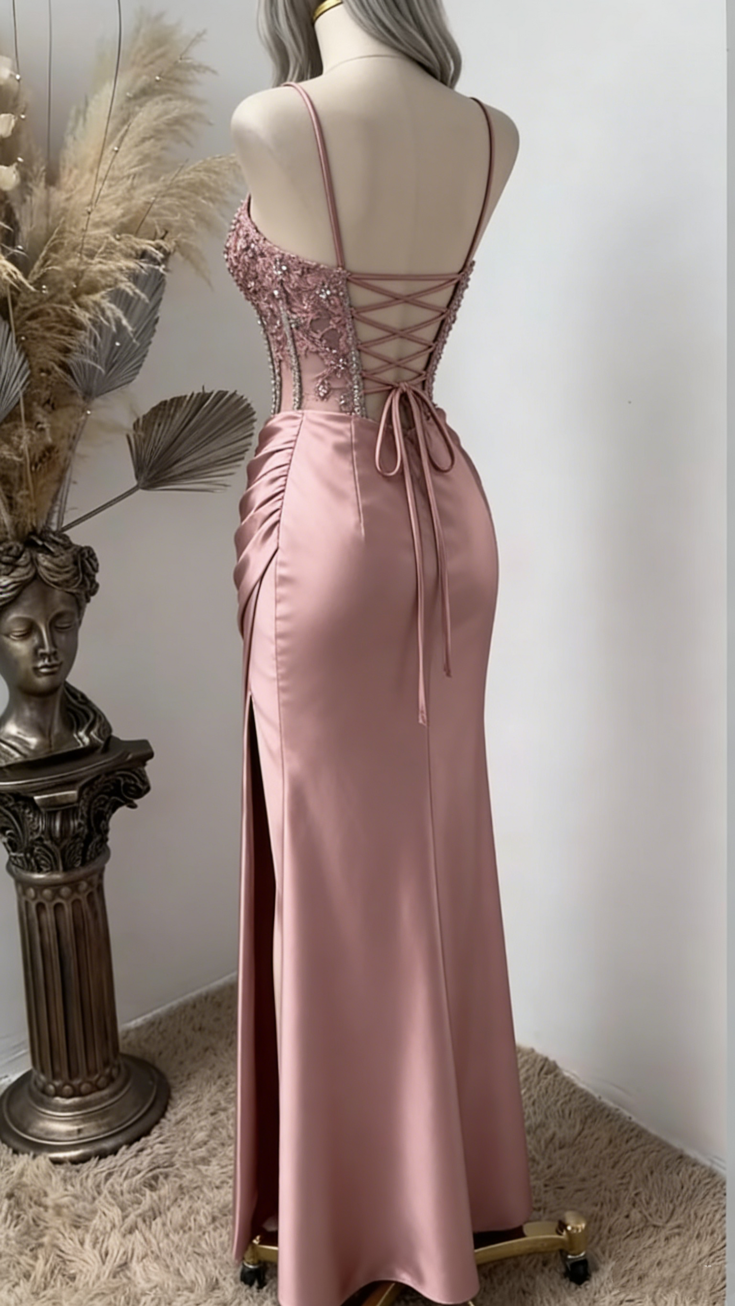 Charming Prom Dress Pink Spaghetti Straps Beaded Satin Long Evening Party Dress Birthday Outfits, D1018